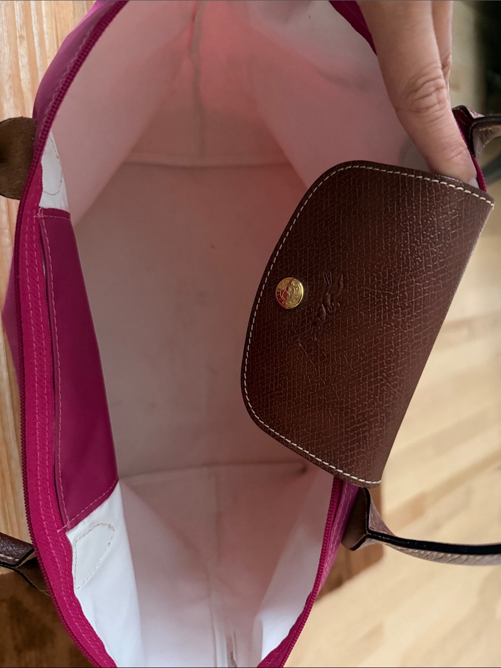 Longchamp Pink Nylon Tote with Brown Leather Trim - Picture 6 of 6